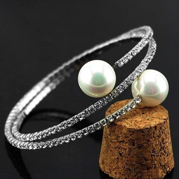 Full Rhinestone Multi-lager Armband med Falsk Pärla Manschett Öppen Bangle för Kvinnor Män Flickor Pojkar