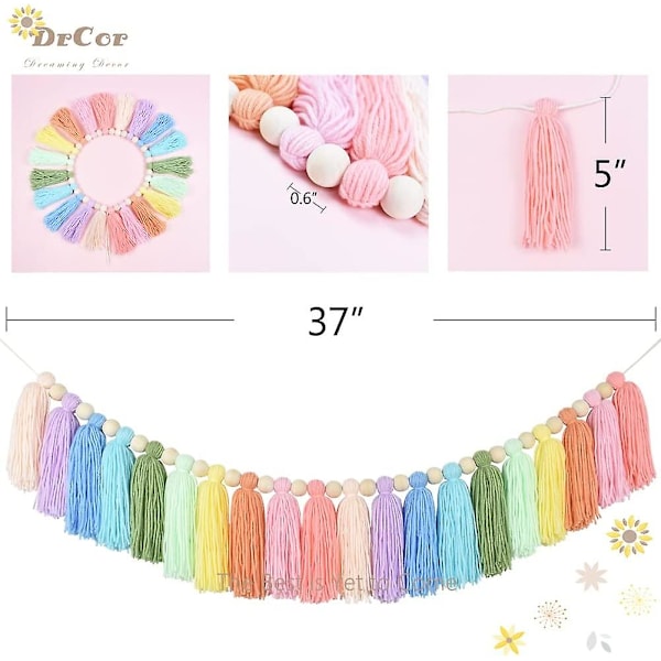Drcor Pastel Regnbåge Pompom Girlang Färgglad Banner Träpärla Fiesta Flickrum Vägg Klassrum Kontor Barnkammare Bi