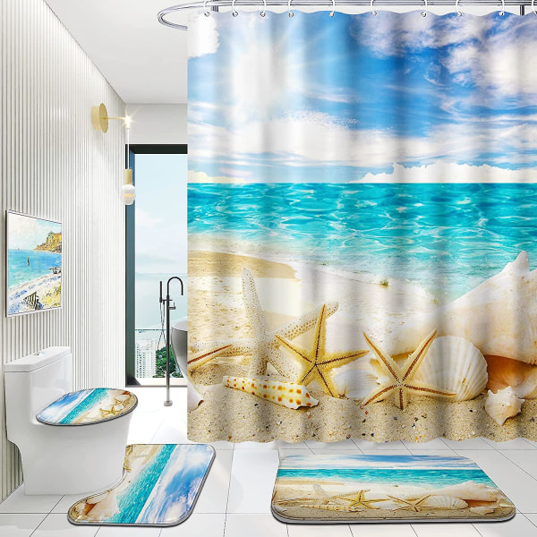 4-delat set med matta (uppfriskande strand), inklusive duschdraperiset med 12 krokar, mjuk, halkfri badmatta, U-formad toalett