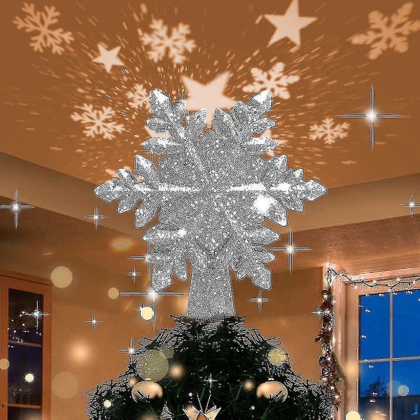 Christmas Tree Topper Opplyst snøfnugg Tre Topper med LED-projektor, hvit snøfnugg og stjerneroterende[hsf]