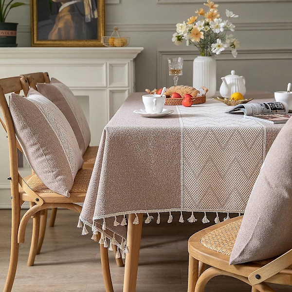 Rektangulära och kvadratiska bordsdukar för matbord, stickad broderi, texturerad tofs, dekorativ avlång bordsduk i bomullslinne för kök, matsal, picknick (140