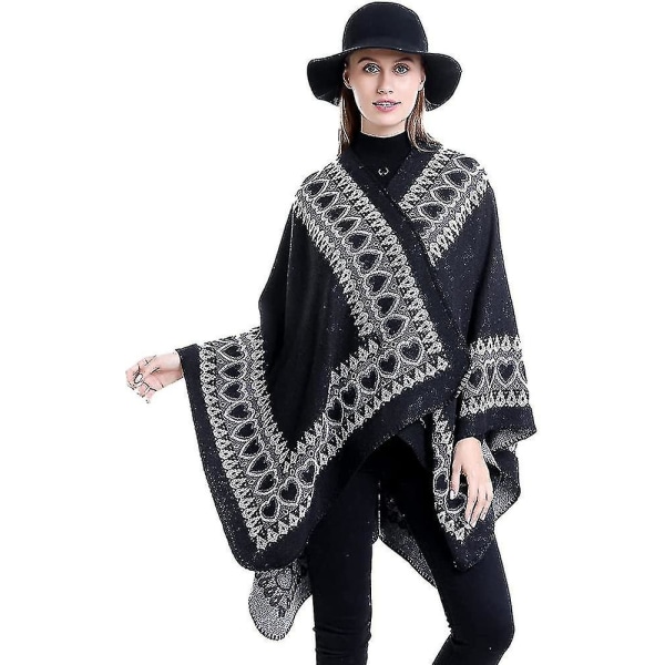 Damemode varmt imiteret kashmir sjal Poncho Oversized vintertørklæde Strikket sort regn-poncho-kappe til kvinder