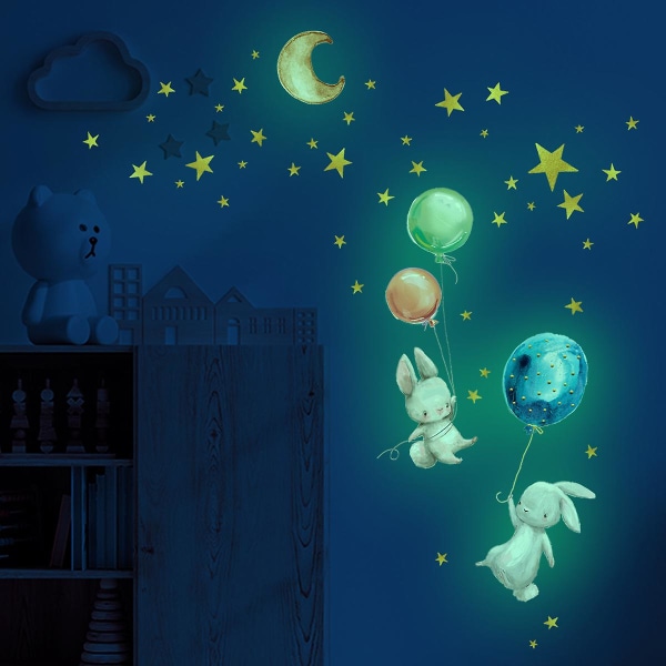 Tegneserie Bunny Balloon Wall Sticker Soveværelse Stue Boligindretning Børneværelse Tapet Glow In The Dark
