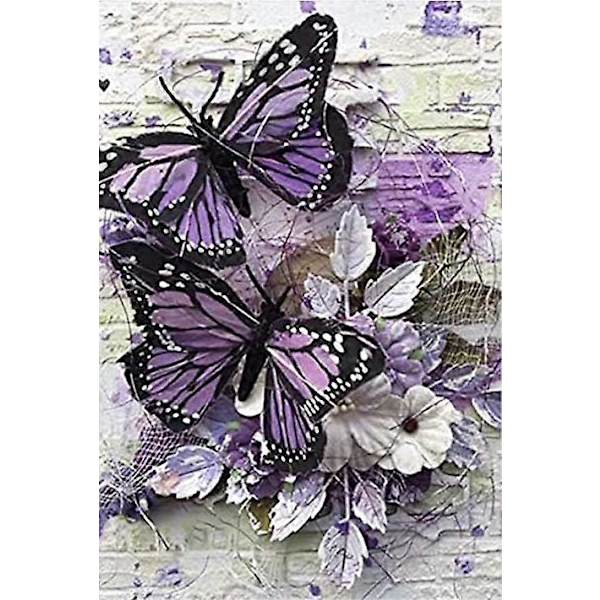 5D Diamantmålning, Vas full av diamanter, Fjäril och fågel blomma dekorativ målning - Lila Fjäril - 12*16 tum