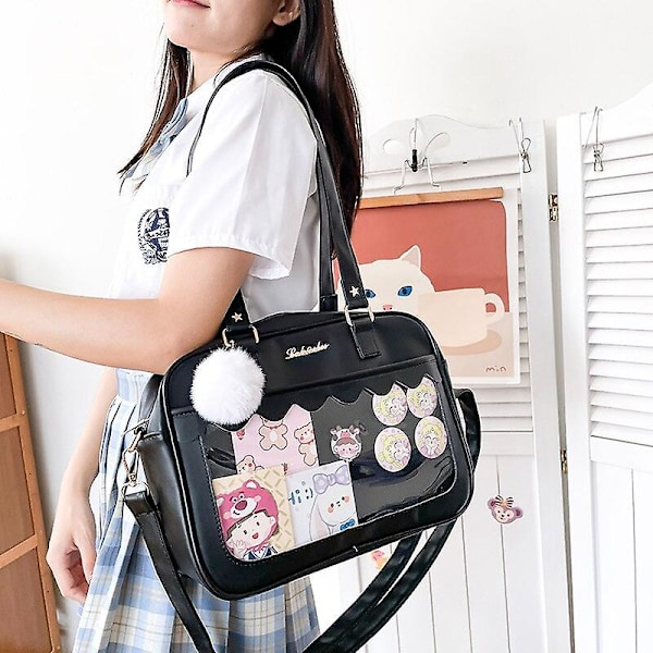 Handväska Japansk Kawaii Axelväska för kvinnor PU Läder Itabag Transparent Väska JK Tote Väska Handväskor Preppy Väska ita väska Crossbody Väska（Svart）