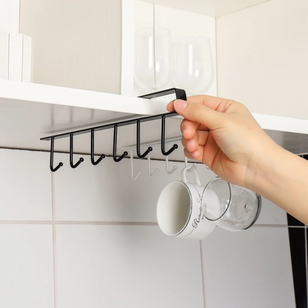 1 järn 6-krokar förvaringsställ garderob skåp metall hylla under mugg  hängare badrum kök organizer hängare (svart) 7c20 | Fyndiq