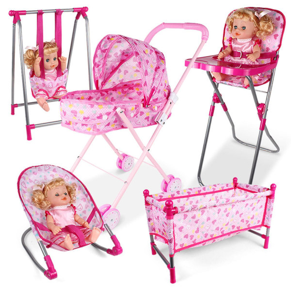 Dukkeklapvogn Legetøj, Babydukketilbehør, Babydukkebarneklapvogn Spisestuestol Gyngestolgynge til dukker（pink）