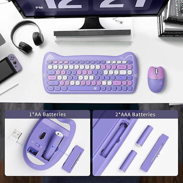 Mofii trådlöst tangentbord och mus-kombination kompakt trådlöst tangentbord och mus-set 2,4 g ultratunn elegant söt kattformdesign för PC