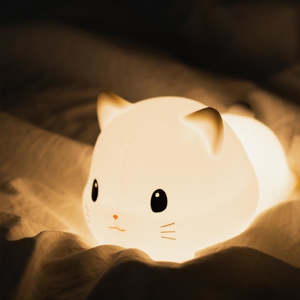 LED Nattlampa för barn, Söt katt, mjuk silikon, baby -USB-uppladdningsbar, justerbar färgtemperatur och ljusstyrka, vit och varm kan svängas
