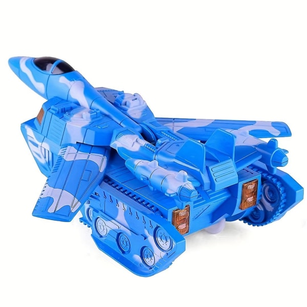 Automatisk transformation Tank Flygplan Barns elektriska leksaker Tankbil med musik ljud och ljus Universal hjul baby （blå）