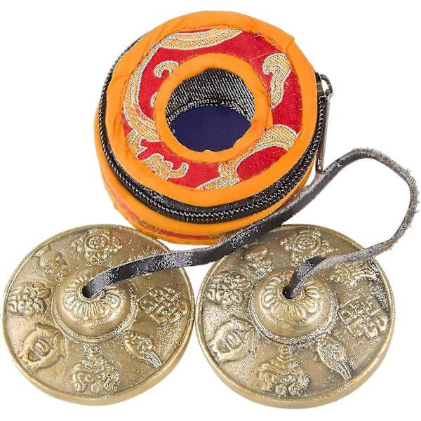 Tibetansk Tingsha-klocka med vacker väska, nepalesiska cymbaler för ljudläkning, yoga, meditation, mindfulness, klockspel, astamangal-åtta lyckobringande (liten, br