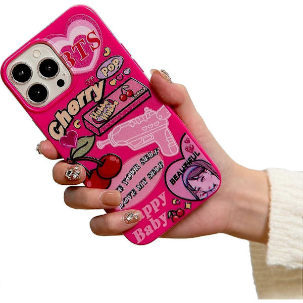 iPhone 13 Pro Max Skal Rosa Söt Körsbär Hjärtan Y2K Cartoon Collage Kawaii Flickig Tryckt Mode Estetisk Design för Kvinnor