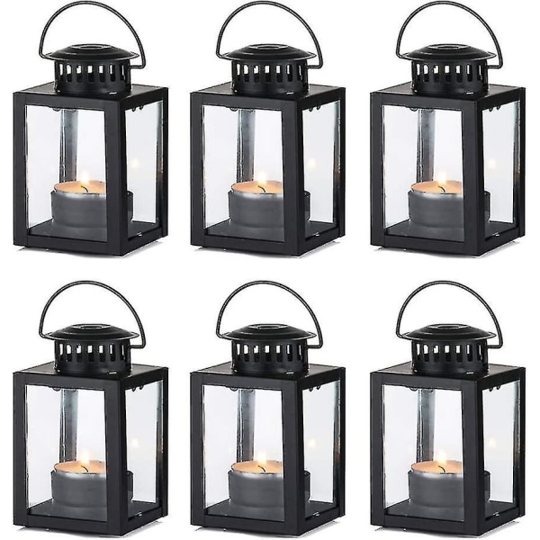6stk -sorte lanterner til stearinlys Havelanterner, vintage-stil hængende små lanterner til fyrfadslys, sorte stearinlys fyrfadsstager til indendørs