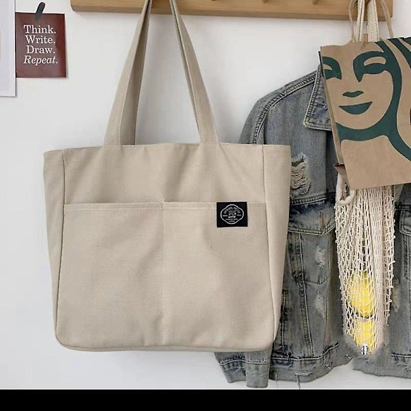 Handväska Dam Canvas Tote Bag Solid Color Designer Dam Casual Handväska Axelväska Stor Kapacitet Bomull Återanvändbar Shopping Strandväska（Beige）