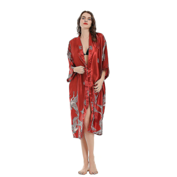 Z Kimono Robe Satin Nattøj Bluse Silkeagtig badekåbe Floral Crane Natkjole