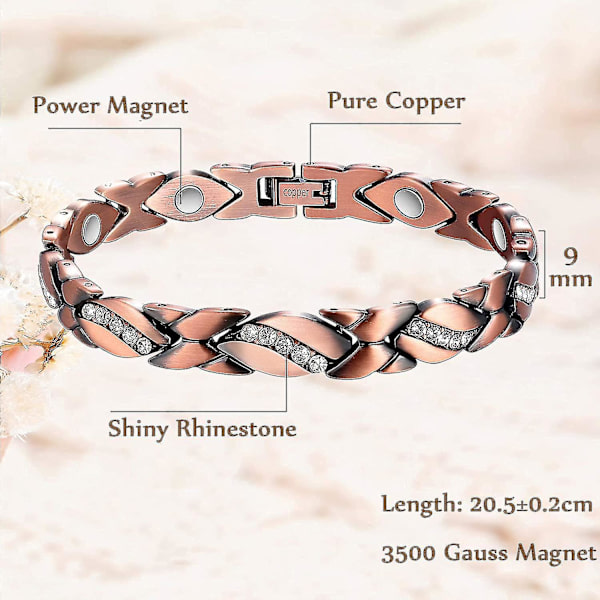 Koppararmband för kvinnor Magnetisk artrit terapi armband för smärta Kristall länk kedja charm smycken gåva 3500 Gauss magneter med justeringsverktyg_fs