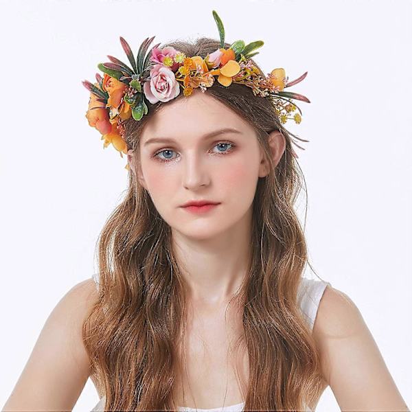 Blomsterdiadem Kvinnor Blomsterkrans Hårkrans Blomsterhuvudbonad Halo med Band Bröllop Fest Foton Orange av