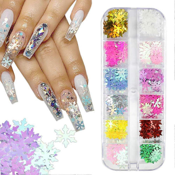 12 Färger Julnagelkonst Glitter Snöflingor Nagelsmycken 3D Nagelsmycken Dekaler Holografiska Laser Nagelflingor Dekaler Akrylnaglar Design Glitter X