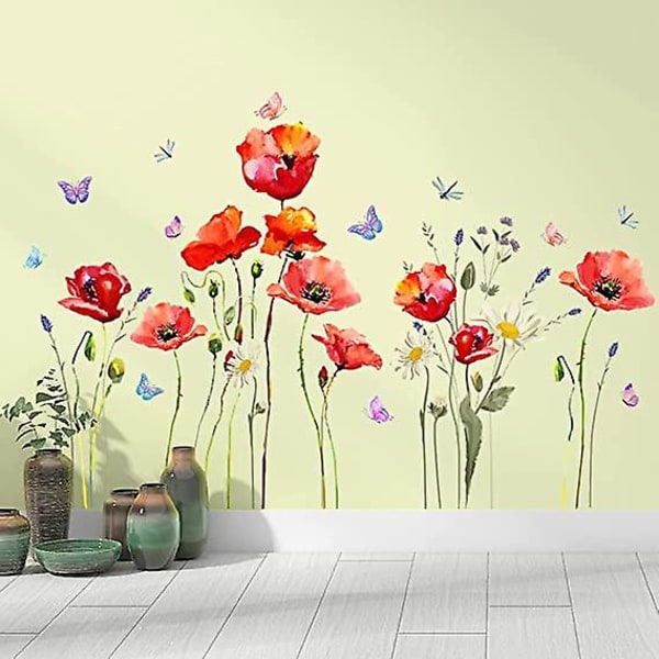 1 set punaisia ​​unikkokukkia seinätarra kukkaperhos-seinätarra tee-se-itse irrotettava kasvi kukka seinätaidekori lapsille olohuoneen sisustukseen