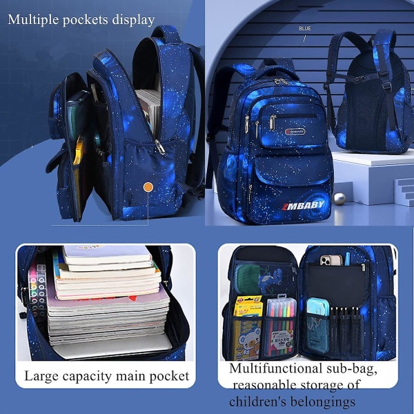 Barnas store skolesekk for ungdomsskolen, skolesekk for jenter og gutter, smykkeblå, 30*17*46cm