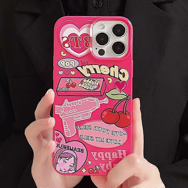 iPhone 13 Pro Max Skal Rosa Söt Körsbär Hjärtan Y2K Cartoon Collage Kawaii Flickig Tryckt Mode Estetisk Design för Kvinnor