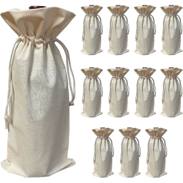 (12-pak) Naturlig bomullslerret vinflaske gaveposer med snøring Gjenbrukbare vinposer til gaver