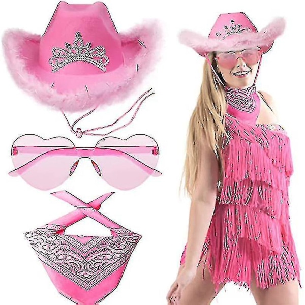 Western cowboyhatt rosa med hjerteformede solbriller Bandanasett