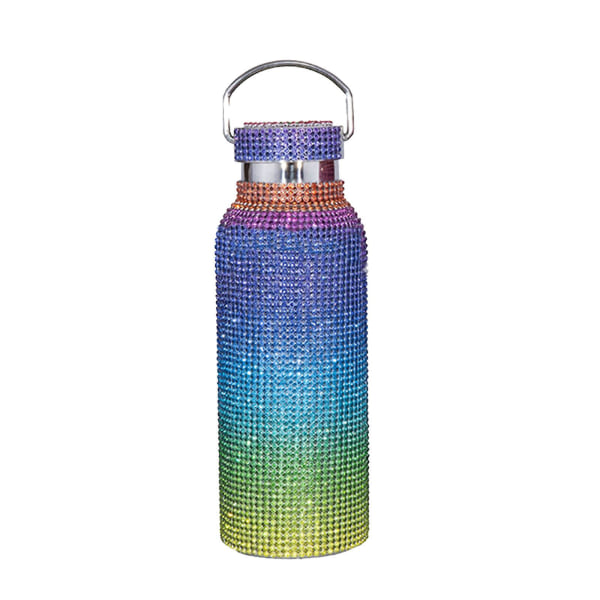 Bling vannflaske rhinestone, diamant glitter kopp, rustfritt stål termisk flaske, etterfyllbar vannflaske (regnbue1)