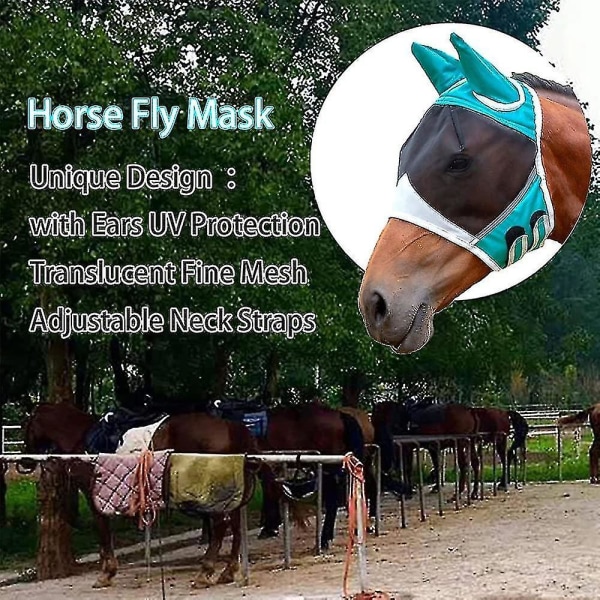 Hestefluemaske Uv-beskyttelse Hestefluemaske med ører Net/forlås hul/reflekterende trim Stretchy fluemaske til hest Åndbar fint net/øje Dart/krog