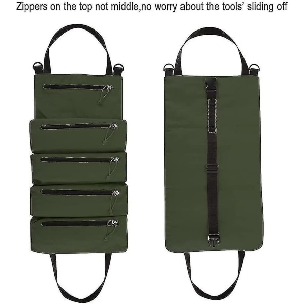Tool Roll Organizer Taske, Heavy Duty Canvas Værktøjsopbevaringspose med 5 lynlåslommer til skruenøgler, fatninger, skruetrækkere og mere (armygrøn) Gratis Sh