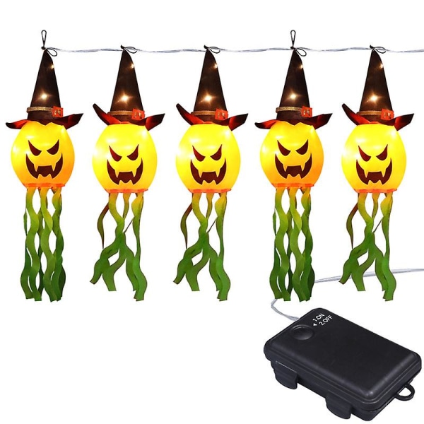Halloween-dekoration, LED Halloween-græskarlys, gyserhængende belysning Orange græskar-trollmandshattedekoration til indendørs udendørs husfest