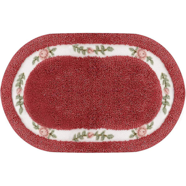 Blommig badrumsmatta halkfri, maskintvättbar, absorberande mikrofiber entrématta, oval form ros