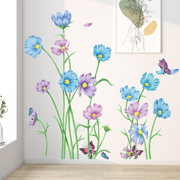 1 stk blå lilla blomst veggklistremerker Hage blomster veggdekor planter blomster sommerfugl vegg kunst klistremerke for soverom stue vegg dekorasjon