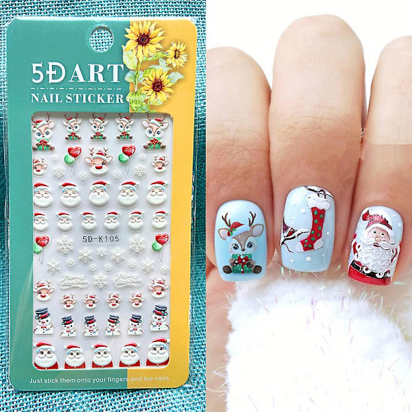 3 ark 5D Stereoskopisk Präglad Jul Nagelstickers Snöflinga Jultomte Snögubbe Nagel Dekaler Självhäftande Vinter