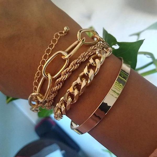 WABJTAMDainty Boho Guld Sølv Kæde Armbånd Sæt til Kvinder Justerbar Mode Perler Chunky Flad Kabel Kæde Punk Armbånd Smykker til Kvinder Piger