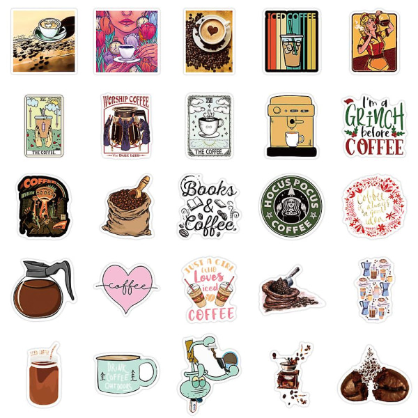 50 stykker kaffeklistremerker, vinylkaffevannflaske-klistremerkepakke for kaffegaver, kaffefester, kaffetilbehør