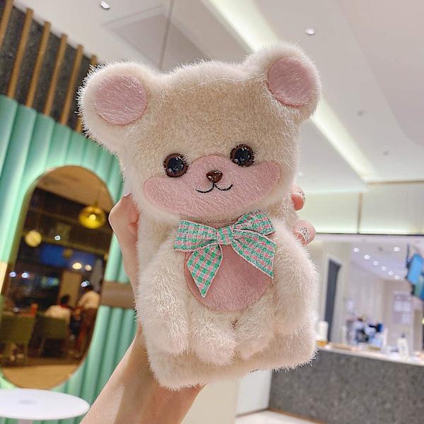 Kompatibel med Iphone 12 Mini Fuzzy Plush Case Söt 3D Rolig Cartoon Björnhandgjord Fluffig Pälslig Päls Rosett Vinter Varm Slät För Kvinnor Flickor Mjuk H