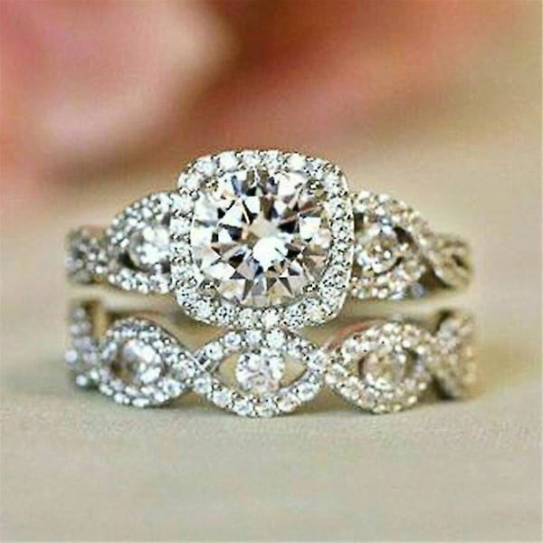 Kvinders 2 stk. Cubic Zirconia diamant stabelbare ringsæt til bryllupsforlovelse Valentinsdag Jubilæumssmykker Gaver（10）