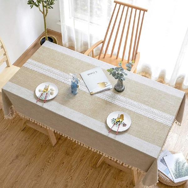 Bomulls- och linne duk för matbord med tofsar för kök, matsal, rektangulära/avlånga skrynkelfria dukar (140 x 180 cm, 4-6 sittplatser,