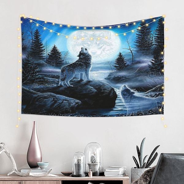 Ulv som brøler under månen - Gobelin veggteppe kunst teppe hjemmedekor estetisk for soverom sovesal stue 60 x 40 tommer