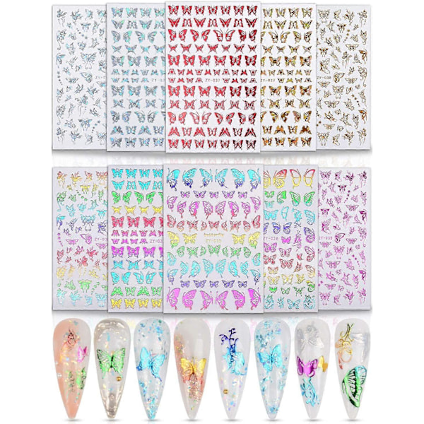 10 Ark Holografiska Fjärils Nagelklistermärken Dekaler Holo Guld Silver Flerfärgade Olika Former Nagelklistermärken