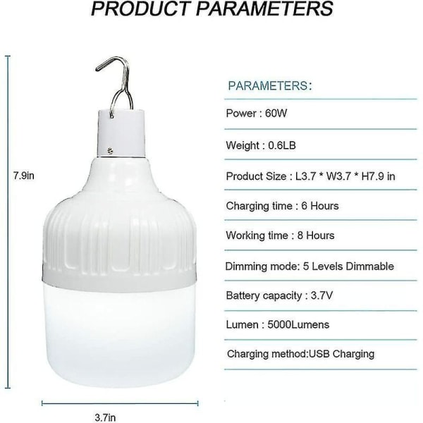 Camping Lykta, Campinglampa Med Usb Uppladdningsbar 60w 5000 Lumen 5 Lägen Dimbar Hängande Lampa, Bärbar Lampa För Camping Uteplats Trädgård Bbq