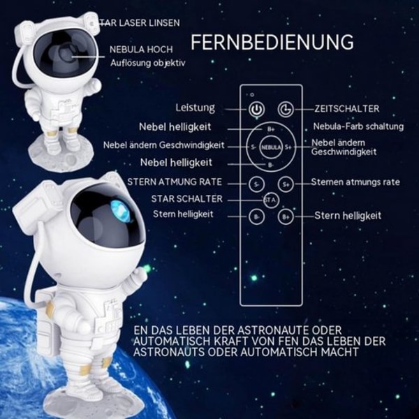 Bifurkasjon LED nattlys astronaut stjerneprojektor 360° justerbar med fjernkontroll, stjernehimmelprojektor