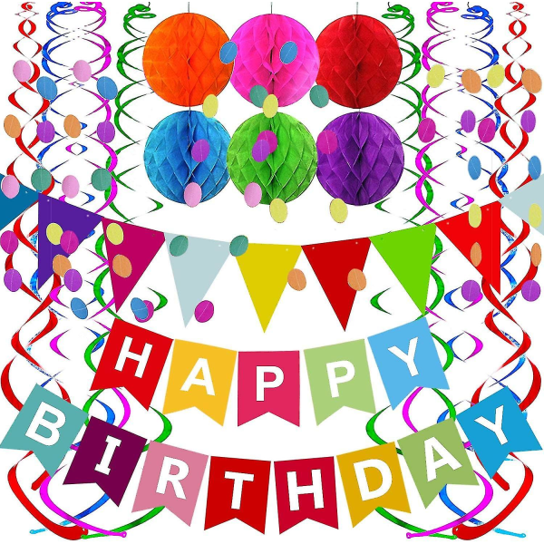 Hyvää syntymäpäivää -banneri, jossa värikäs paperilippu, paperiympyrä, konfettiseppele, pyörrenauhat hunajakennopallo syntymäpäiväjuhliin
