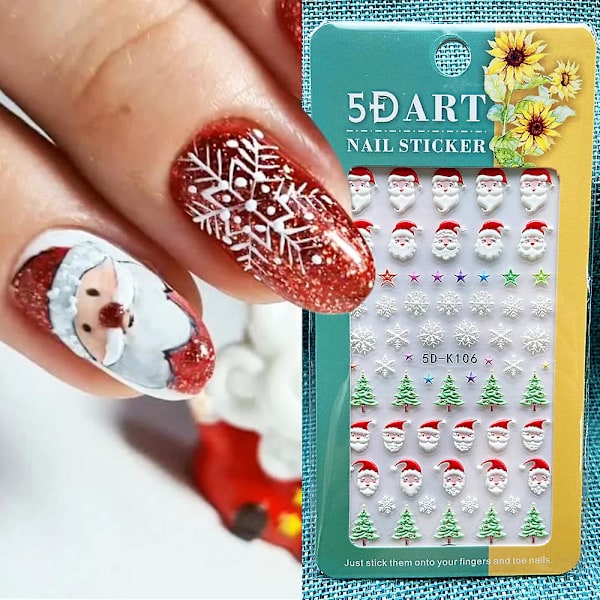 3 ark 5D Stereoskopisk Präglad Jul Nagelstickers Snöflinga Jultomte Snögubbe Nagel Dekaler Självhäftande Vinter