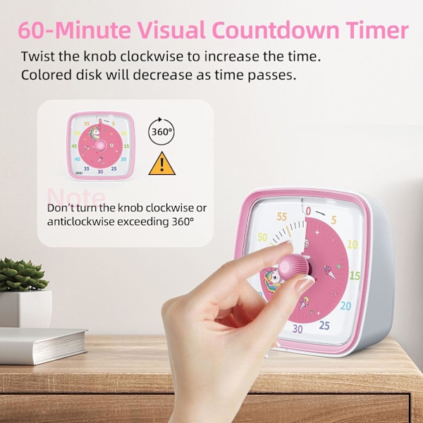 60-Minuters Visuell Timer med Nattlampa, Nedräkningstimer för Klassrum Hem Kökskontor, Pomodoro Timer med Regnbågsmönster (Rosa)