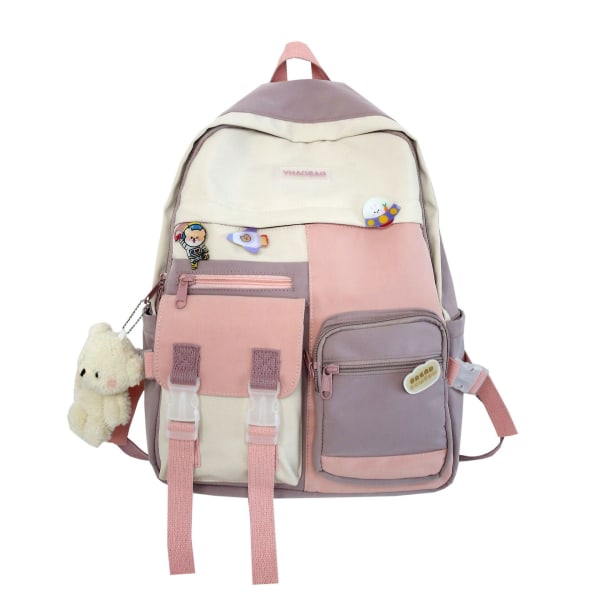 Sød Kawaii-rygsæk i lærred med stifter 16" Pink æstetisk taske Modeskulderrygsæk med hængende bjørn Fancy Collegetasker Letvægtsrejsetaske (Bl