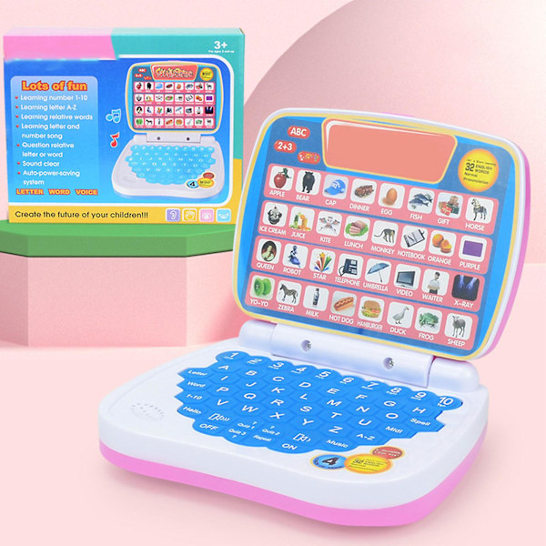 Bärbar leksaksdator, bra simulering, bokstäver, siffror, form, lärande, multifunktionell, bärbar, smart, förskolebarn, födelsedagspresent (rosa)