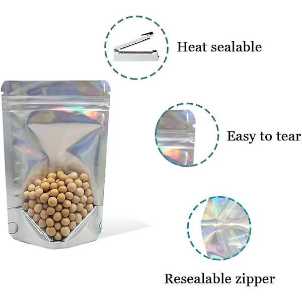 50-pack 12x20 cm (innerstorlek 10,5x16 cm) Återförslutningsbara Stående Genomskinliga Mylar Zip-påsar Värmeförseglingsbara Påsar Kilbotten Aluminiumfolie Mat S