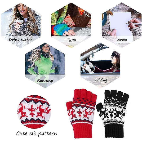 Vinterhalvfingervanter - Varme vinterhandsker til kvinder Strikkede handsker Uldvanter til koldt vejr Vindtætte（røde）